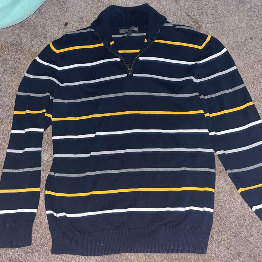 Old navy navy blue turtleneck sweater with yellow grey and white lines
